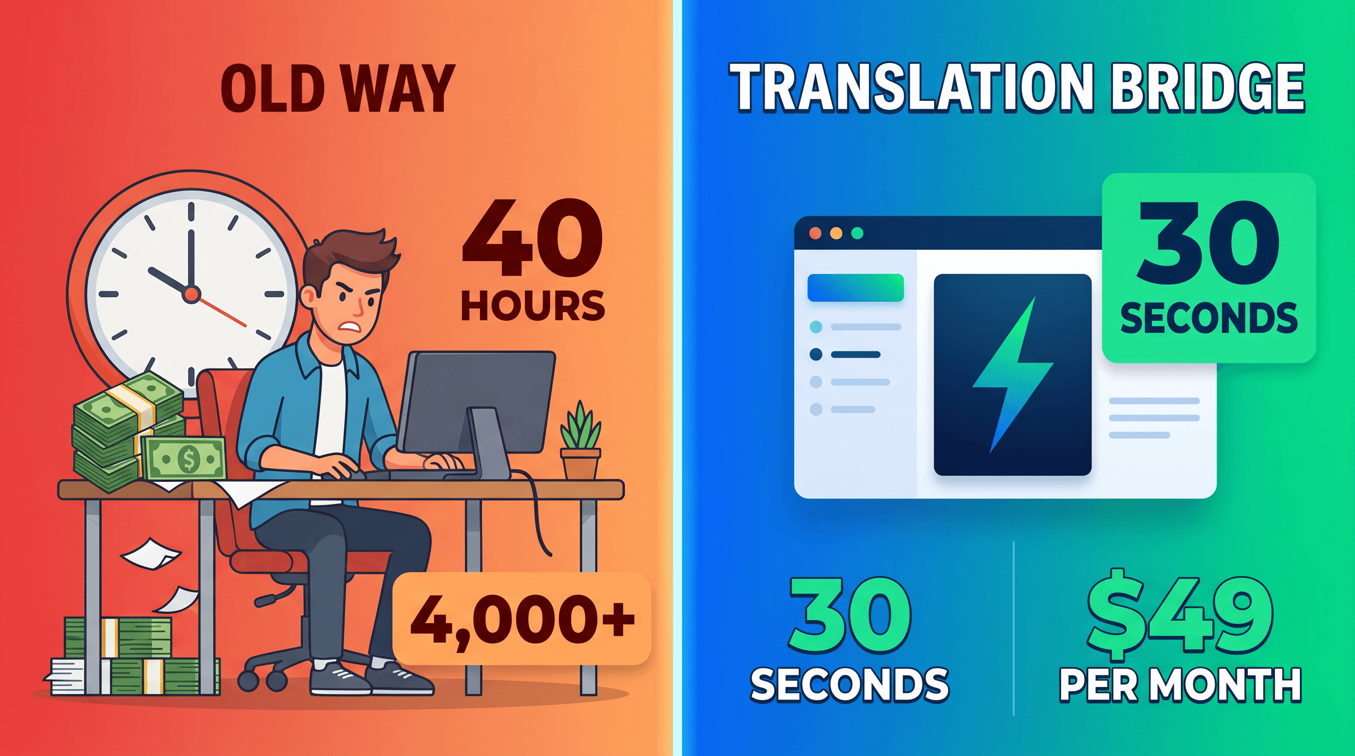 Before: 40 hours of manual rebuilding. After: 30 seconds with Translation Bridge.